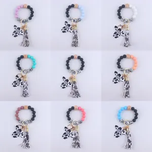 Silicone Bead Keychain Wristlet with Cow Print Tassel and Mama Wooden Pendant Charm