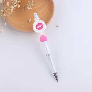 DIY beaded ballpoint pen with pink kiss pattern silicone bead and metal barrel for office use