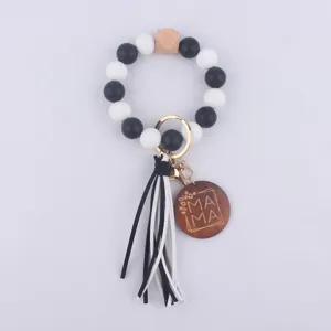 Silicone bead wristlet keychain with wooden MAMA plaque and leather tassel for women bags.