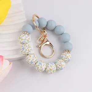 Fashion Silicone Beaded Keychain Water Transfer Printed Floral Leopard Wristlet Key Ring Alloy Rhinestone Bag Charm Gift For Mother Day Women