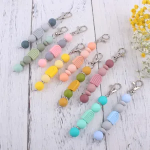 Cartoon Rainbow Silicone Beaded Keychain Creative Contrast Color Teether Beads Keyring Alloy Lobster Clasp Rhinestone Spacers Wristlet Ornament For Women Bag Holder Accessory Gift