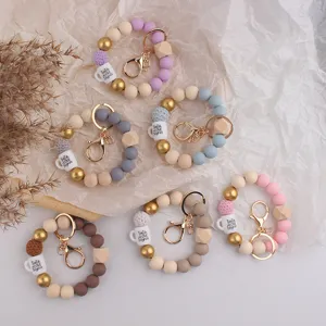 Silikon Holzperlen Schlüsselanhänger Armband Lehrer Geschenk Süß Kaffeebecher Anhänger Schlüsselring Handgelenkband Für Handtasche Geldbörse Damen Halter