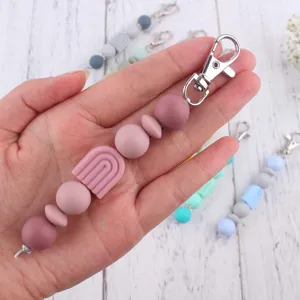 Silicone beaded keychain with rainbow charm DIY color-blocking wristlet strap accessory