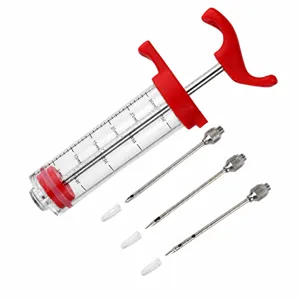 Meat injector syringe kit with 3 stainless steel needles and red handle grip