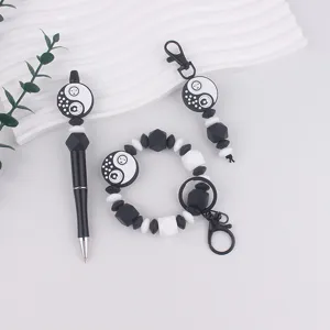 Ster Maan Yin Yang Kralenpen Siliconen Armband Sleutelhanger Zwart Wit Hemels Patroon Tas Hanger Accessoire