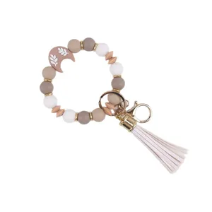 Pulsera Llavero de Cuentas de Silicona con Colgante de Luna Cuentas de Madera Borla