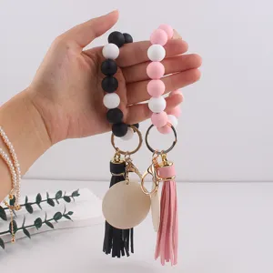 Silicone Beaded Keychain Bracelet with Tassel Cute Wristlet Key Ring for Women Girls