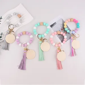Colorful Silicone Bead Keychain Bracelet with Tassel Wood Bead Wristlet Key Ring Gift