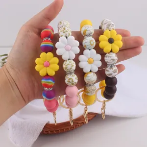 Silicone bead keychain wristlet with cute flower charms and colorful spherical beads for keys