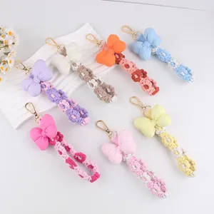 Colorful cotton bow woven phone charm daisy flower braided lanyard keychain bag accessory