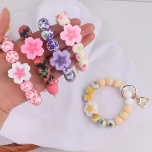 Silicone beaded flower keychain bracelet cute floral bangle cute key ring accessories for women