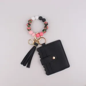 Damen Silikon Perlen Armband Schlüsselanhänger Geldbörse PU Leder Kartenhalter Quaste Schlüsselring Mehrzweck Armband Tasche Für Mädchen Geschenk