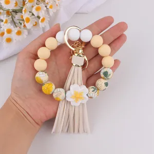 Silikumperlen Armband Schlüsselanhänger mit Blumen Quaste Anhänger Damen Accessoire
