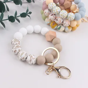 Silicone Bead Bracelet Keychain With Octagonal Beech Wood Bead Printed Silicone Wristlet Lanyard Keychain Pendant For Women Gift