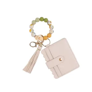 Silikon Perlen Armband Schlüsselanhänger mit PU Leder Kartenetui und Quaste für Damen.