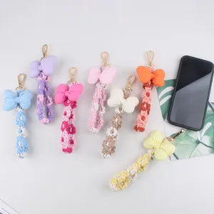 Hand Woven Cotton Flower Phone Lanyard Padded Bowknot Keychain Floral Bag Charm Strap For Women Gift Fashion Accessory
