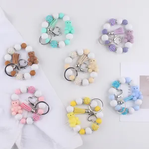 Silicone beaded bracelet keychain with cute 3D cartoon bear pendant and tassel wristlet strap