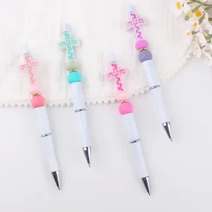 Creative DIY Beaded Ballpoint Pen Plastic Silicone Cross Daisy Pattern Craft Pen For School Office Writing Supplies