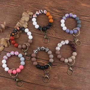 Silicone Beaded Wristlet Keychain For Women Leopard Floral Print Beads Bangle Key Ring With Alloy Clasp Fashion Wrist Keychain Accessory