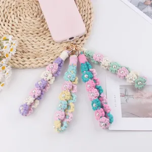 Handgefertigte Häkel-Gänseblümchen Perlen Handy Kette bunte geflochtene Schlüsselanhänger