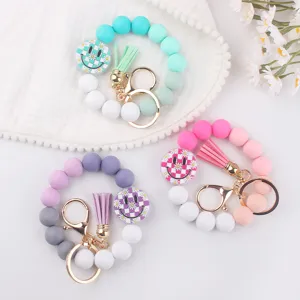 Cute Smiley Face Silicone Bead Keychain Bracelet With Leather Tassel Checkboard Pattern Flower Pendant Women Hand Keyring Bag Charm