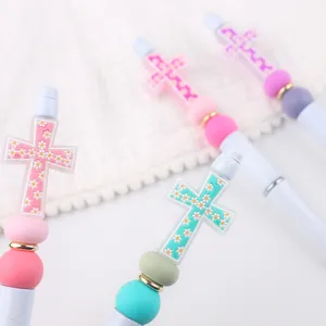 DIY beadable pen details, cross top with cute daisy patterns and colorful silicone beads.