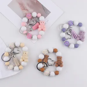 Cute cartoon silicone bear beaded wristlet keychain DIY bracelet accessories for women
