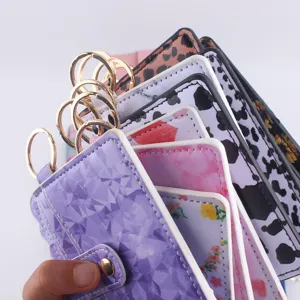PU leather card holder keychain detail showing assorted floral and geometric patterns.