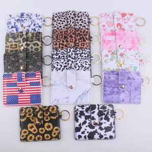 PU leather card holder coin purse with key ring, assorted printed pattern key chain wallet.