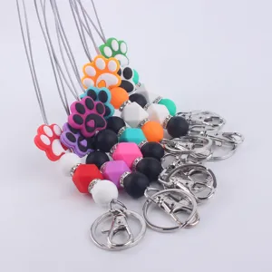 Colorful silicone beaded keychain with cute paw print pendant and metal clasp ring