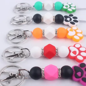 Cute silicone paw print keychain beaded lanyard wristlet lovely bag charm key ring accessory