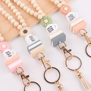 Houten kralen lanyard sleutelhanger met siliconen madeliefje boek mok bedels en kwastje ID