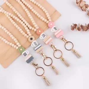 Houten kralen lanyard sleutelhanger siliconen margriet koffiekop boek kwastje badge houder