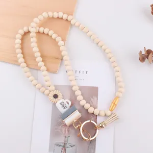 Houten kralen lanyard sleutelhanger met siliconen bedels en kwastje badge houder