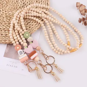 Wooden bead teacher lanyard with silicone book apple charms and tassels for ID badge holder