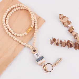 Houten kraal lanyard sleutelhanger met siliconen madeliefje boek bedels en kwast.