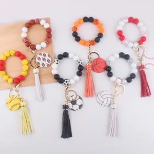 Porte-clés Bracelet en Perles de Silicone avec Gland en Cuir PU et Pendentif Ballon de Sport Anneau de Clé pour Femmes Football Basketball Volleyball Accessoire Quotidien