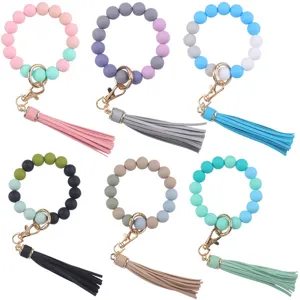 Silicone Beaded Wristlet Keychain With PU Leather Tassel Fashion Hand Bracelet Key Ring For Women Girls Gift
