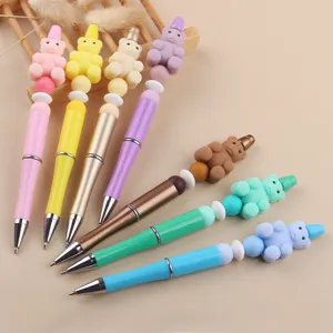Cute cartoon bear silicone bead ballpoint pens set, colorful DIY beaded pens for school.