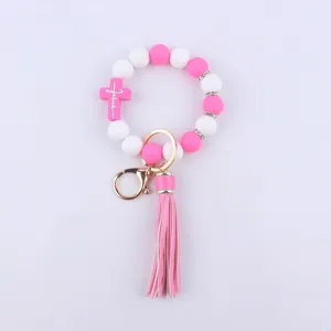 Silicone beaded wristlet keychain with pink cross pendant and tassel charm for women key ring.