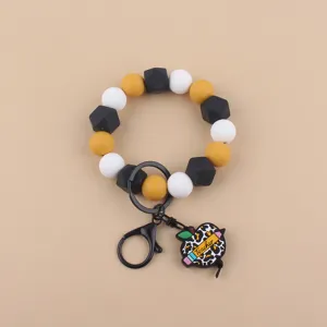 Pulsera llavero de cuentas de silicona con colgante de manzana de profesor para mujer