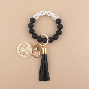 Silikon Perlen Armband Schlüsselanhänger mit MAMA Buchstaben, Holzherz Anhänger und Quaste.