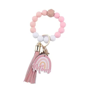 Silicone beaded keychain wristlet with tassel and rainbow mom charm for women daily use.