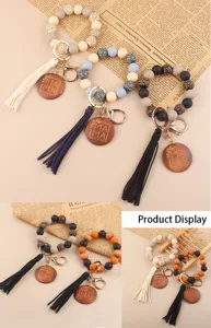 Mother's Day MAMA silicone beaded wristlet keychain with PU leather tassel and wooden charm.