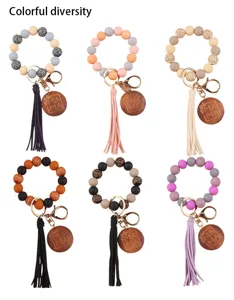 Silicone beaded wrist keychain with tassel and MAMA wooden tag multi-color variant set
