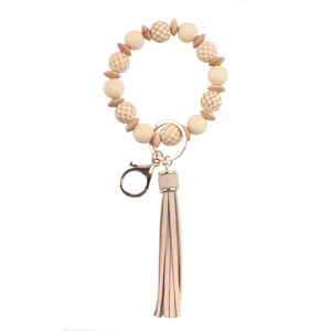 Llavero de pulsera de cuentas con cuentas de silicona y madera, pulsera con borla para mujer.