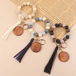 Mother's Day MAMA wooden pendant silicone beaded wristlet keychain with PU leather tassel accessory