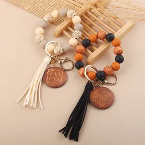 Mother's Day MAMA wrist keychain PU leather tassel beaded bracelet key ring accessory