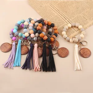 Silicone beaded wristlet keychain with MAMA wooden charm and PU leather tassel for women