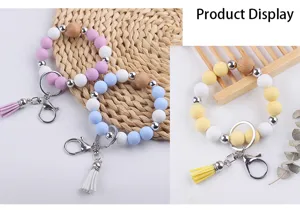 Silicone Beaded Bracelet Keychain with Tassel and Natural Wood Beads Detail Shot